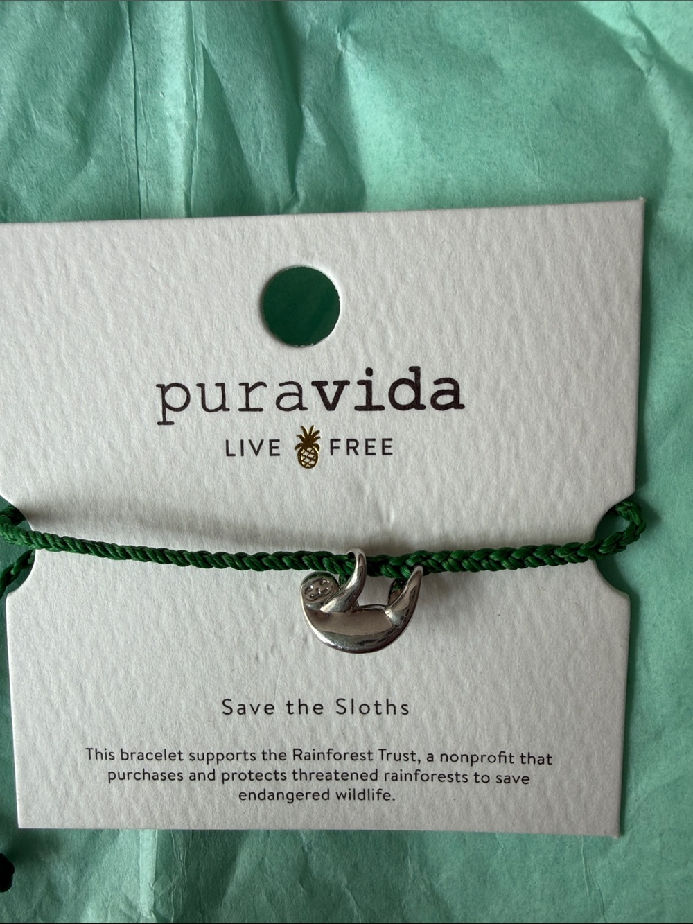 Pura Vida "Save the Sloths" Green Braided Bracelet